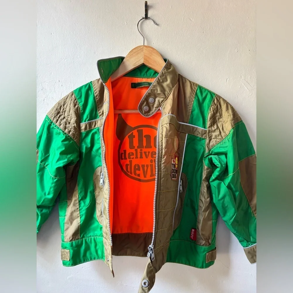 Oilily Kids Jacket Green and Brown Vintage Moto Racing Style Jacket w Patches